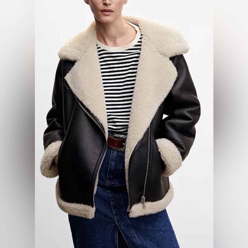 MANGO Faux Shearling Moto Jacket Size M Black Biker Coat Sherpa Lined